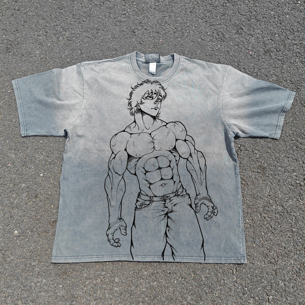 Baki the Grappler Anime Double Sided Distressed Gray Heavy Cotton T-Shirt 330gsm