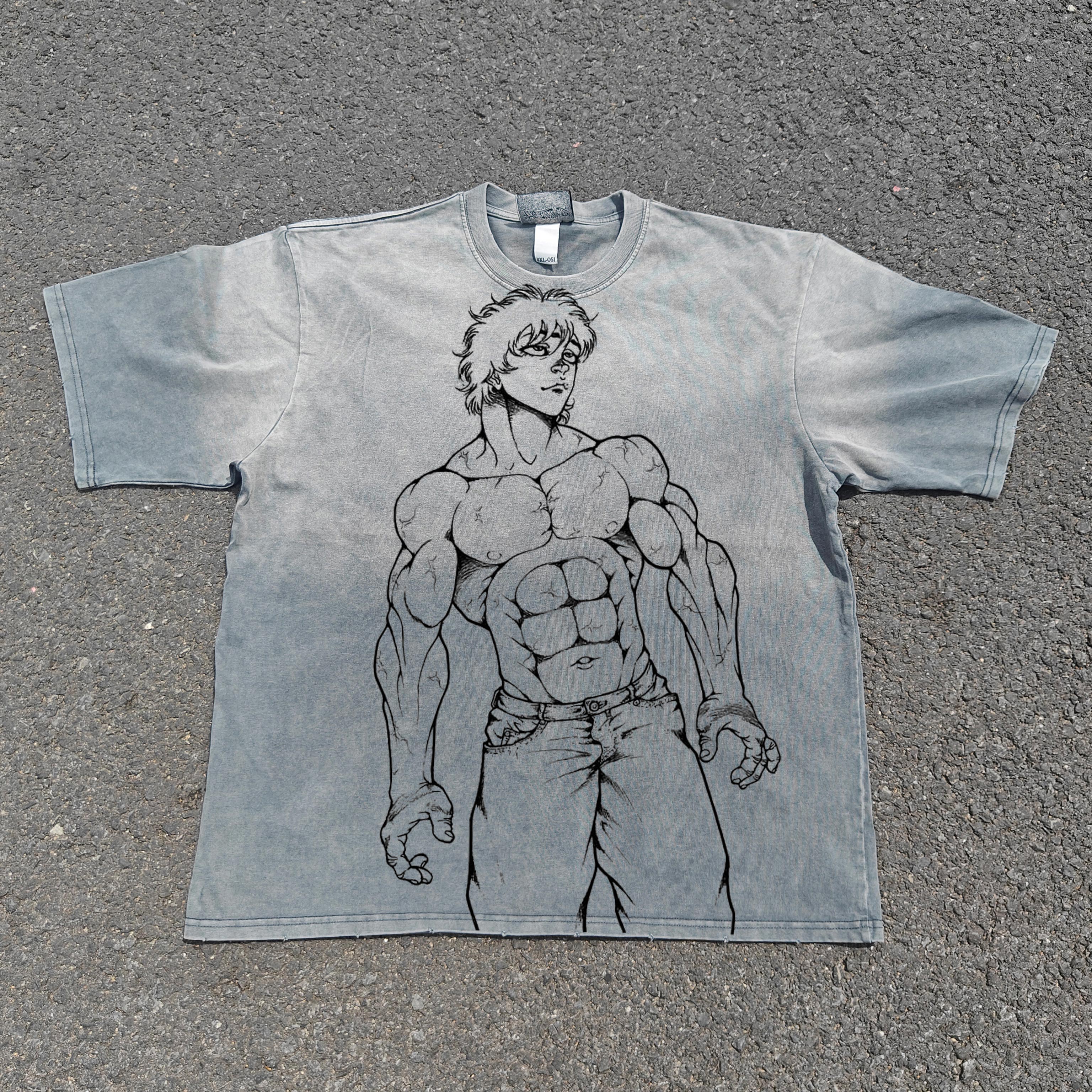 Baki the Grappler Anime Double Sided Distressed Gray Heavy Cotton T-Shirt 330gsm