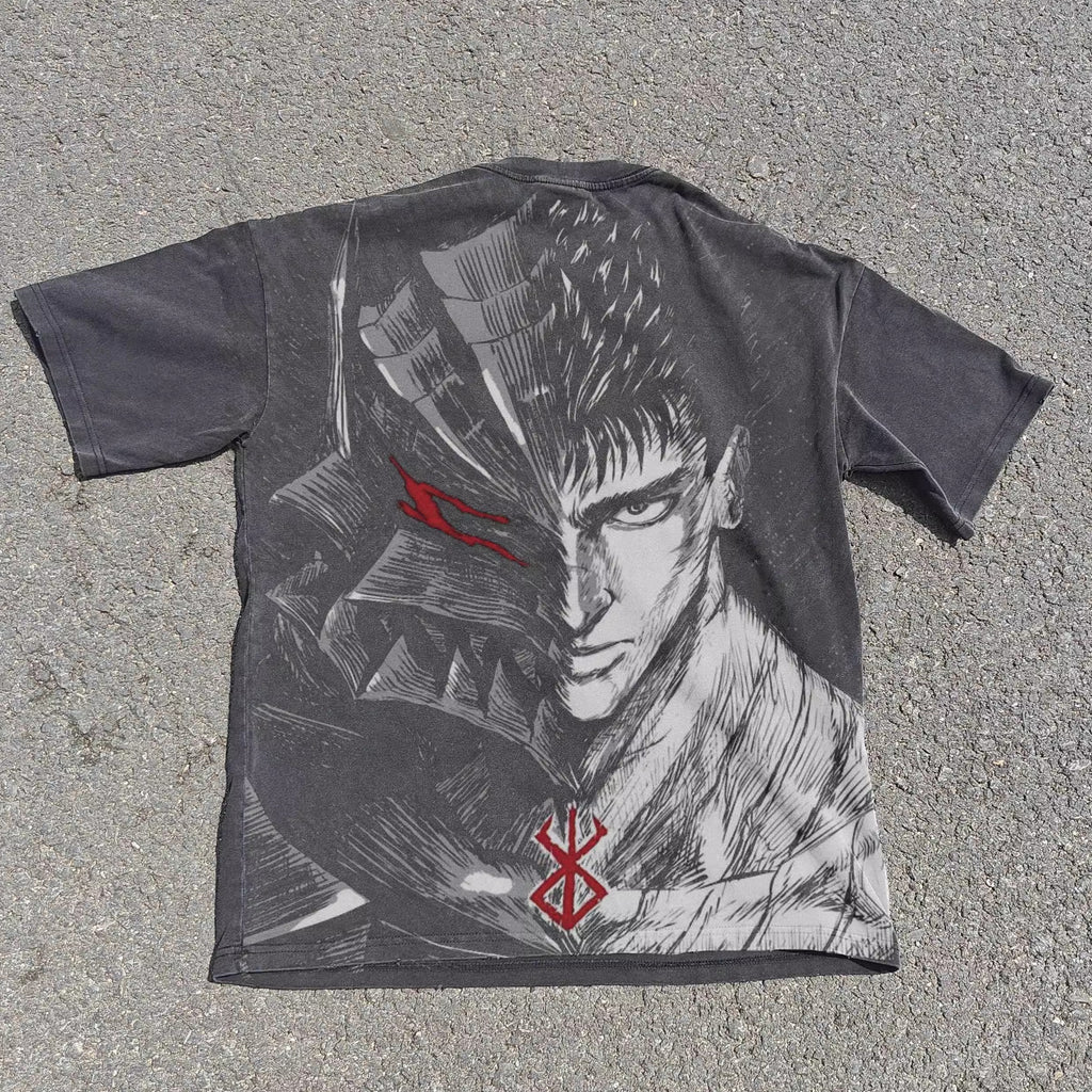 Berserk Guts Double Sided Distressed Vintage Wash Heavyweight Cotton T-Shirt