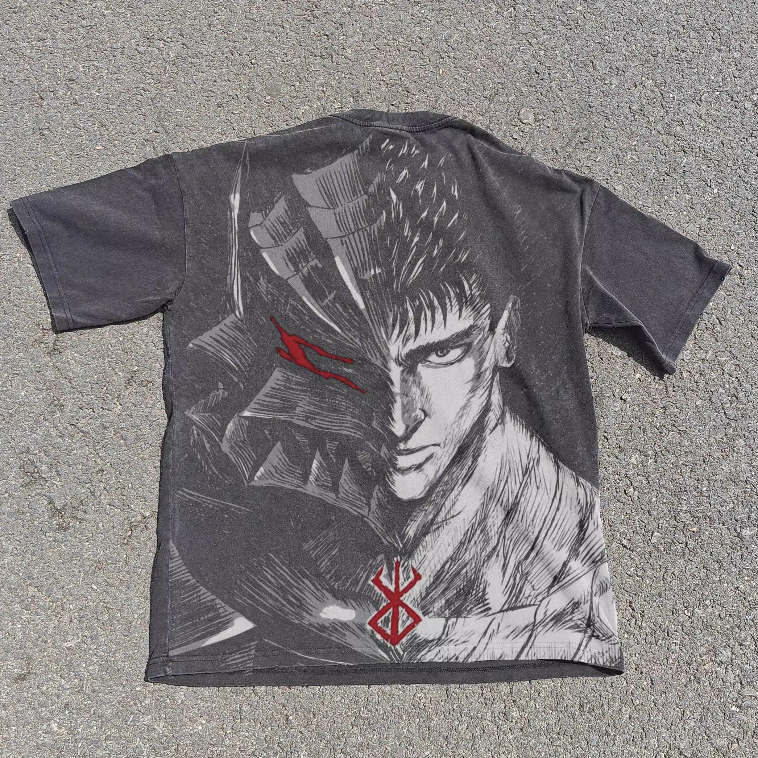 Berserk Guts Double Sided Distressed Vintage Wash Heavyweight Cotton T-Shirt