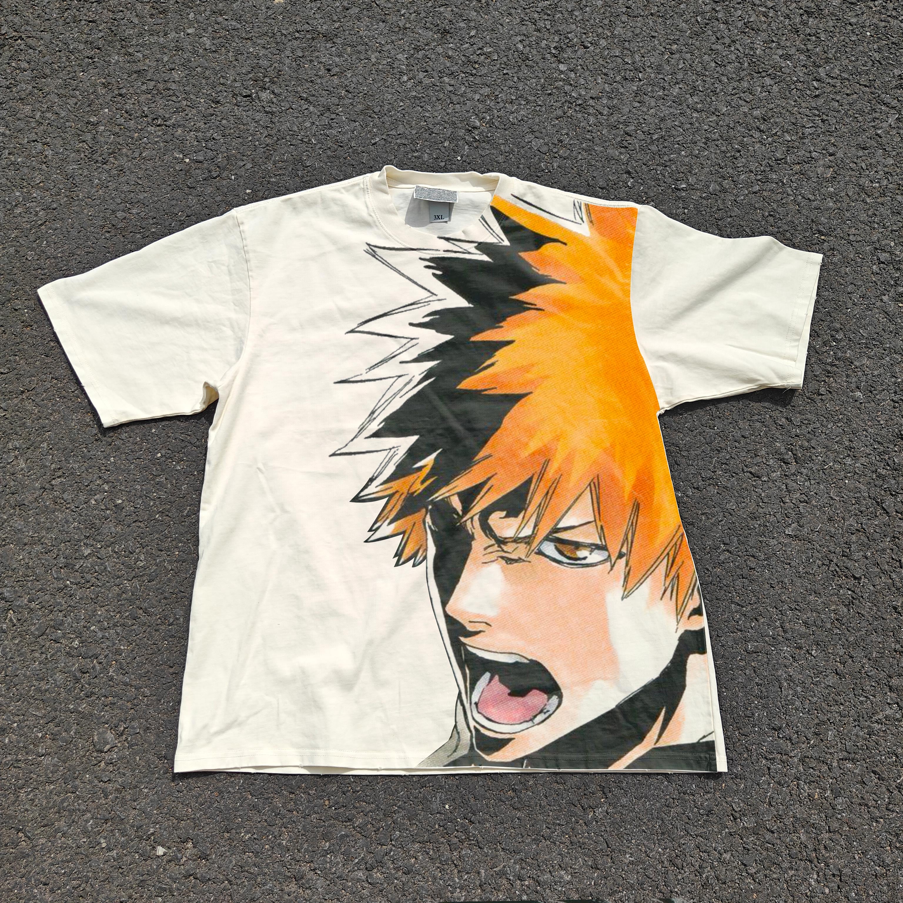 Bleach Anime Ichigo Kurosaki Distressed Vintage Wash Heavyweight Cotton T-Shirt