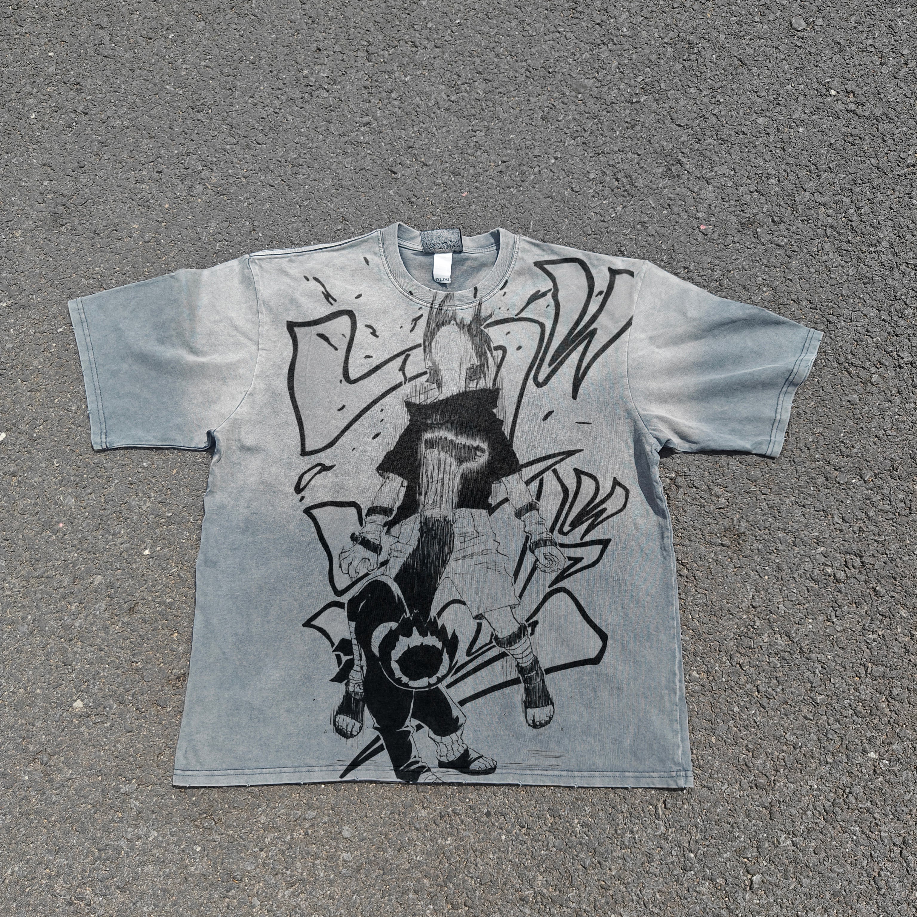 Naruto Anime Rock Lee & Sasuke Distressed Gray Heavy Cotton T-Shirt 330gsm