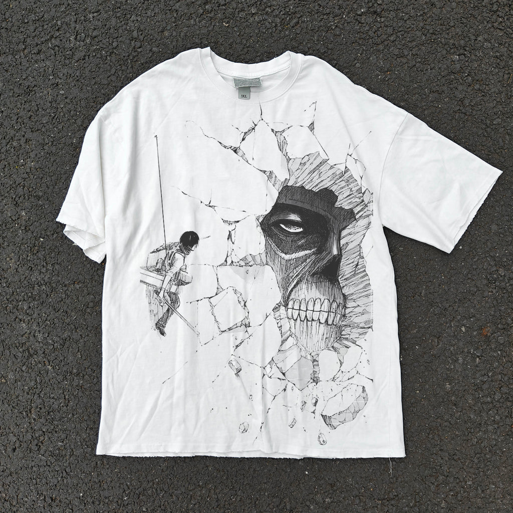 Attack on Titan Anime Large Print White Distressed Heavy Cotton T-Shirt 330gsm