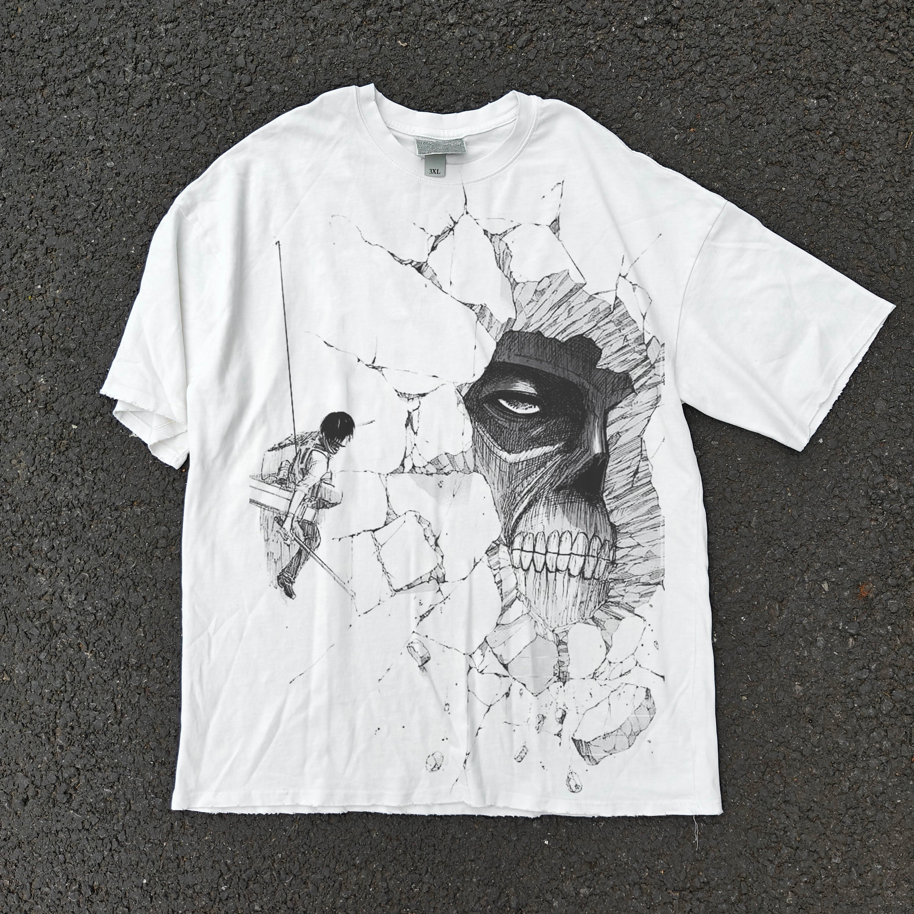Attack on Titan Anime Large Print White Distressed Heavy Cotton T-Shirt 330gsm