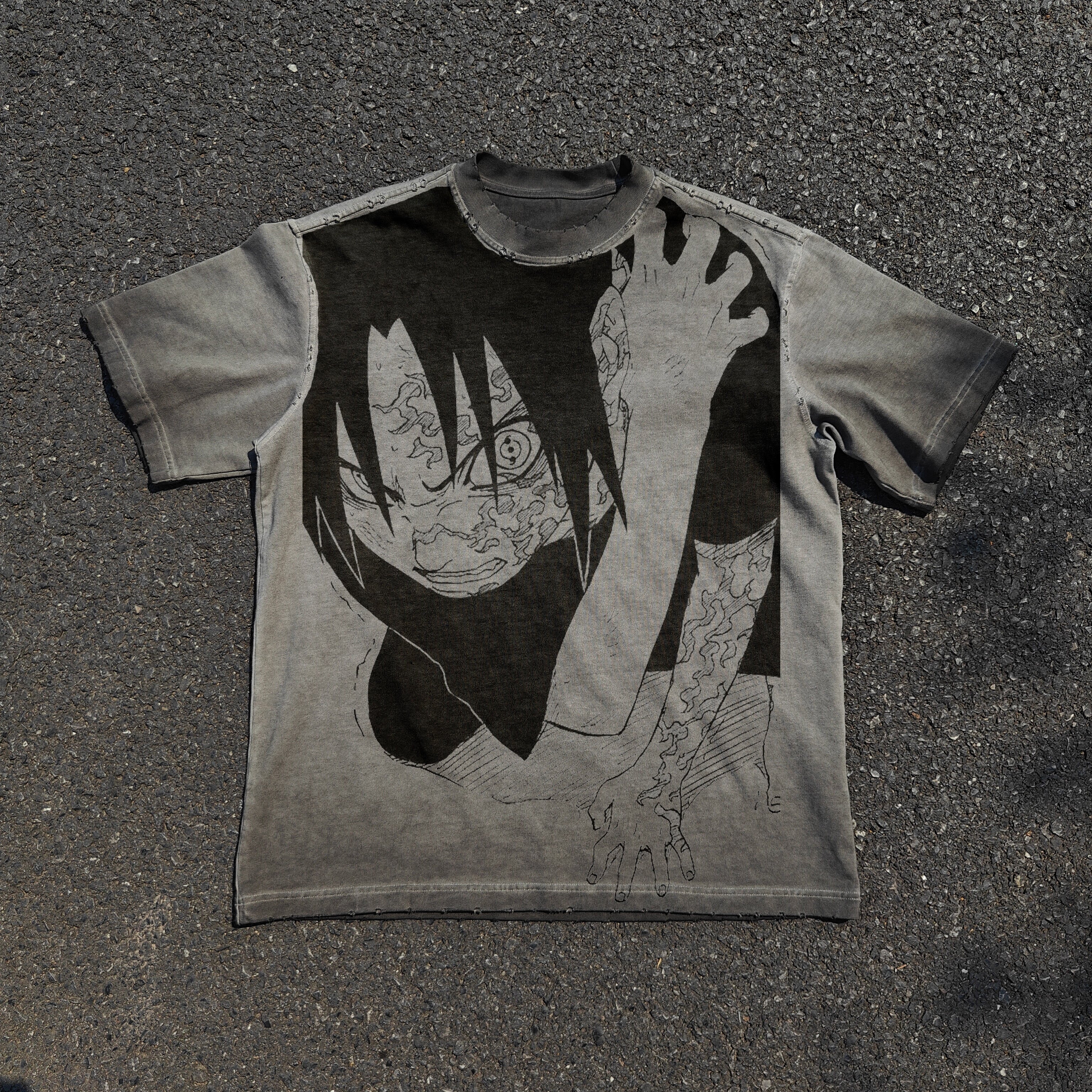 Naruto Curse Mark Sasuke Distressed Heavy Cotton T-Shirt Washed Dark Gray 330GSM