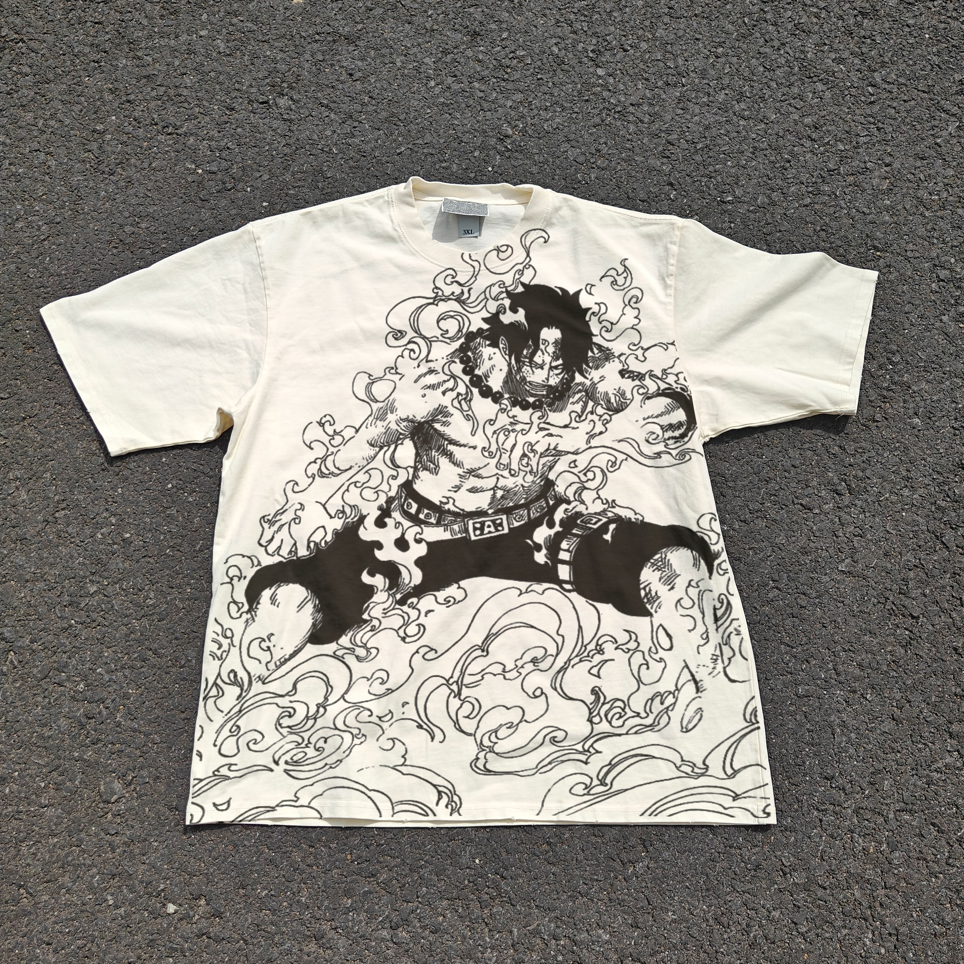One Piece Portgas D. Ace Fire Black & White Vintage Heavyweight Cotton T-Shirt