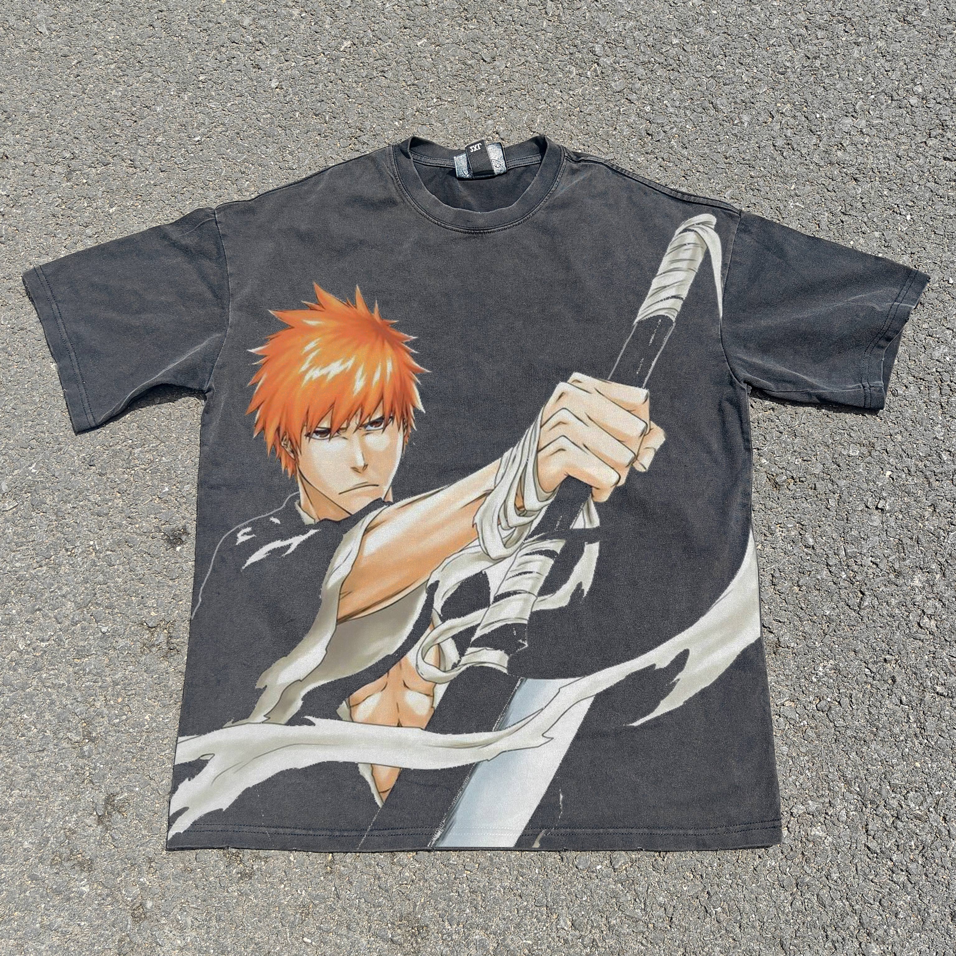 Bleach Anime Ichigo All-Over Print Vintage Wash Heavyweight Cotton T-Shirt