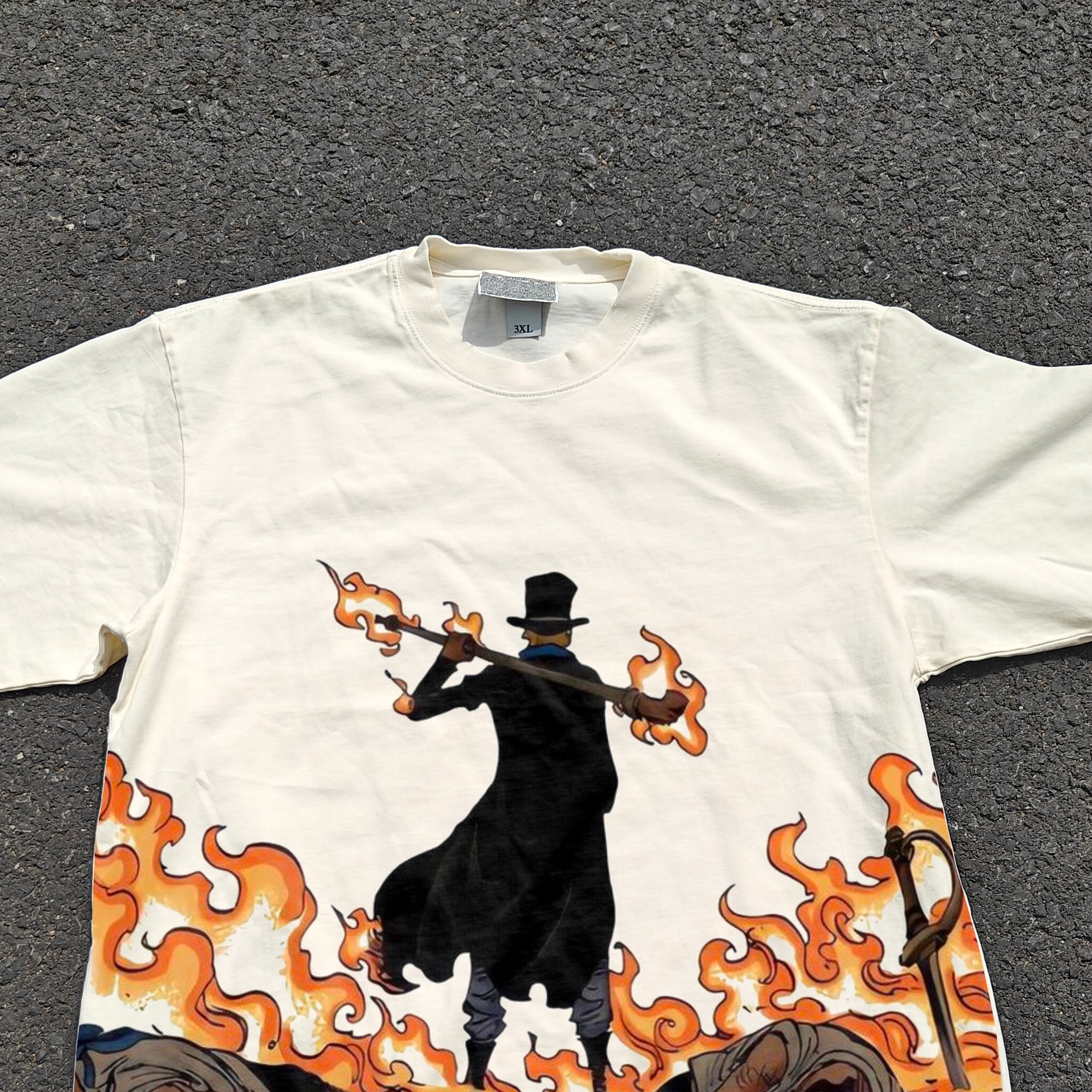 One Piece Anime Sabo Flame Fruit Distressed Vintage Heavyweight Cotton T-Shirt