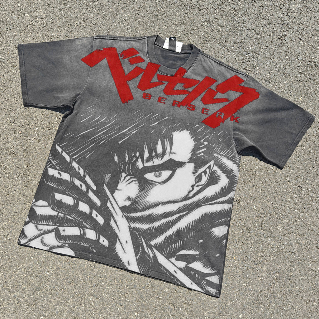 Berserk Anime Guts Jumbo Print Graphic Vintage Wash Heavyweight Cotton T-Shirt