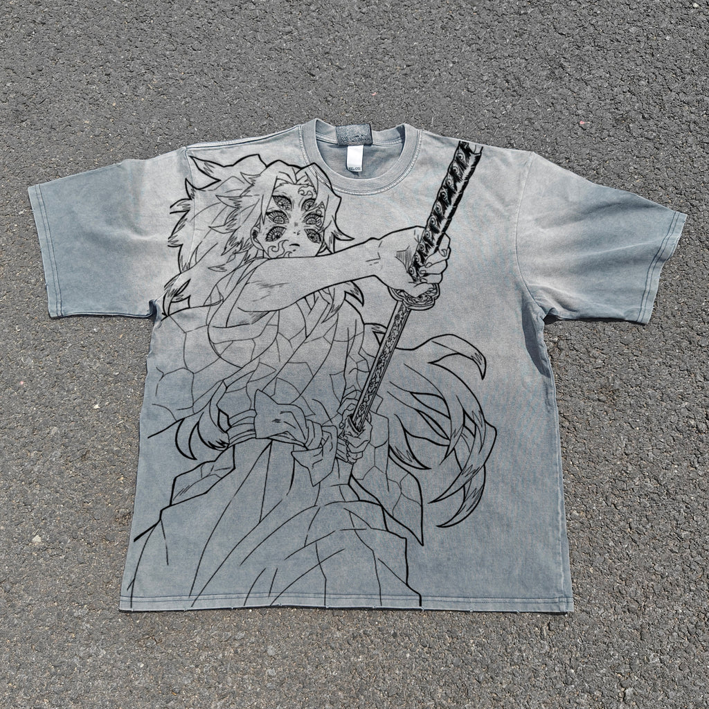 Demon Slayer Anime Kokushibo Sketch Art Vintage Wash Heavyweight Cotton T-Shirt