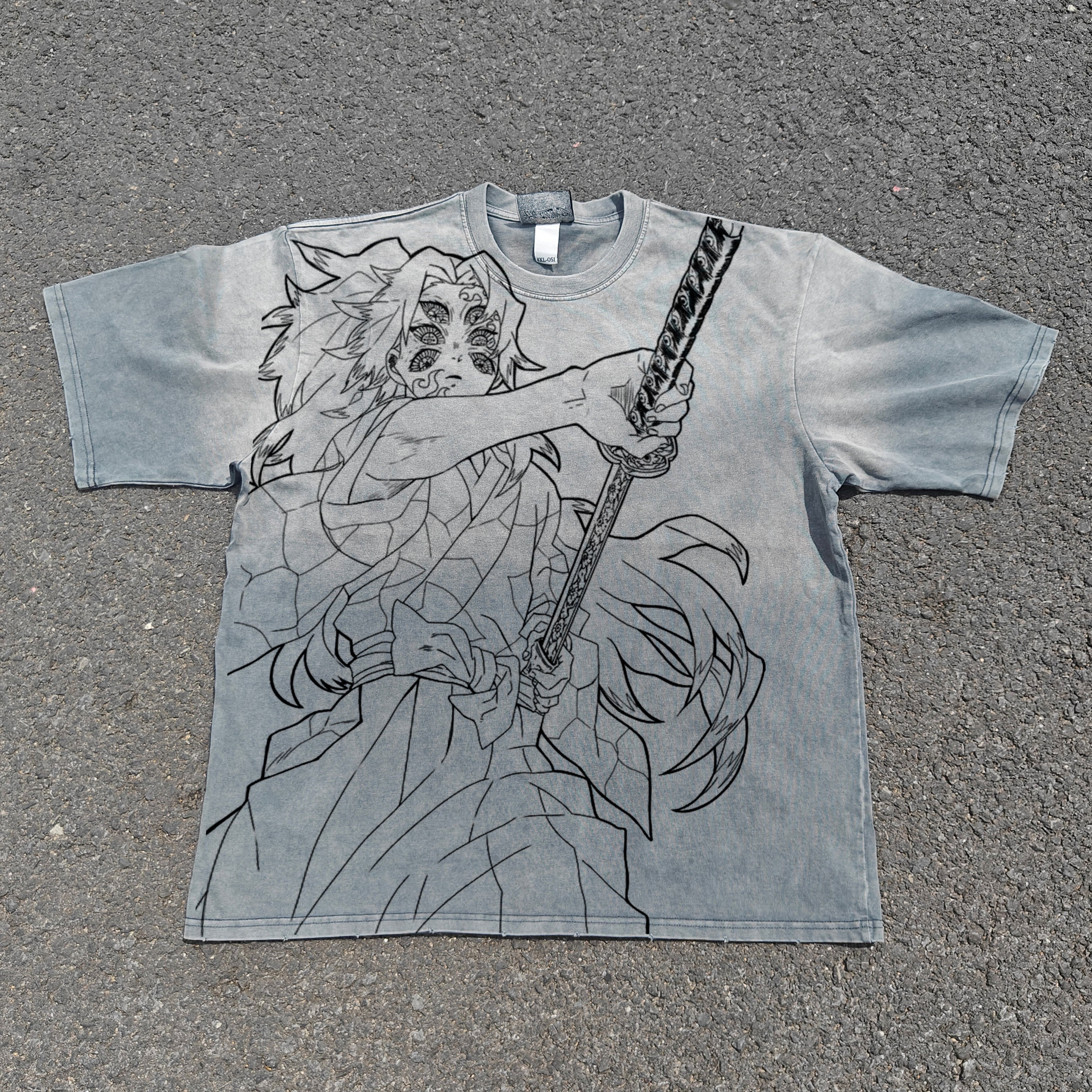 Demon Slayer Anime Kokushibo Sketch Art Vintage Wash Heavyweight Cotton T-Shirt