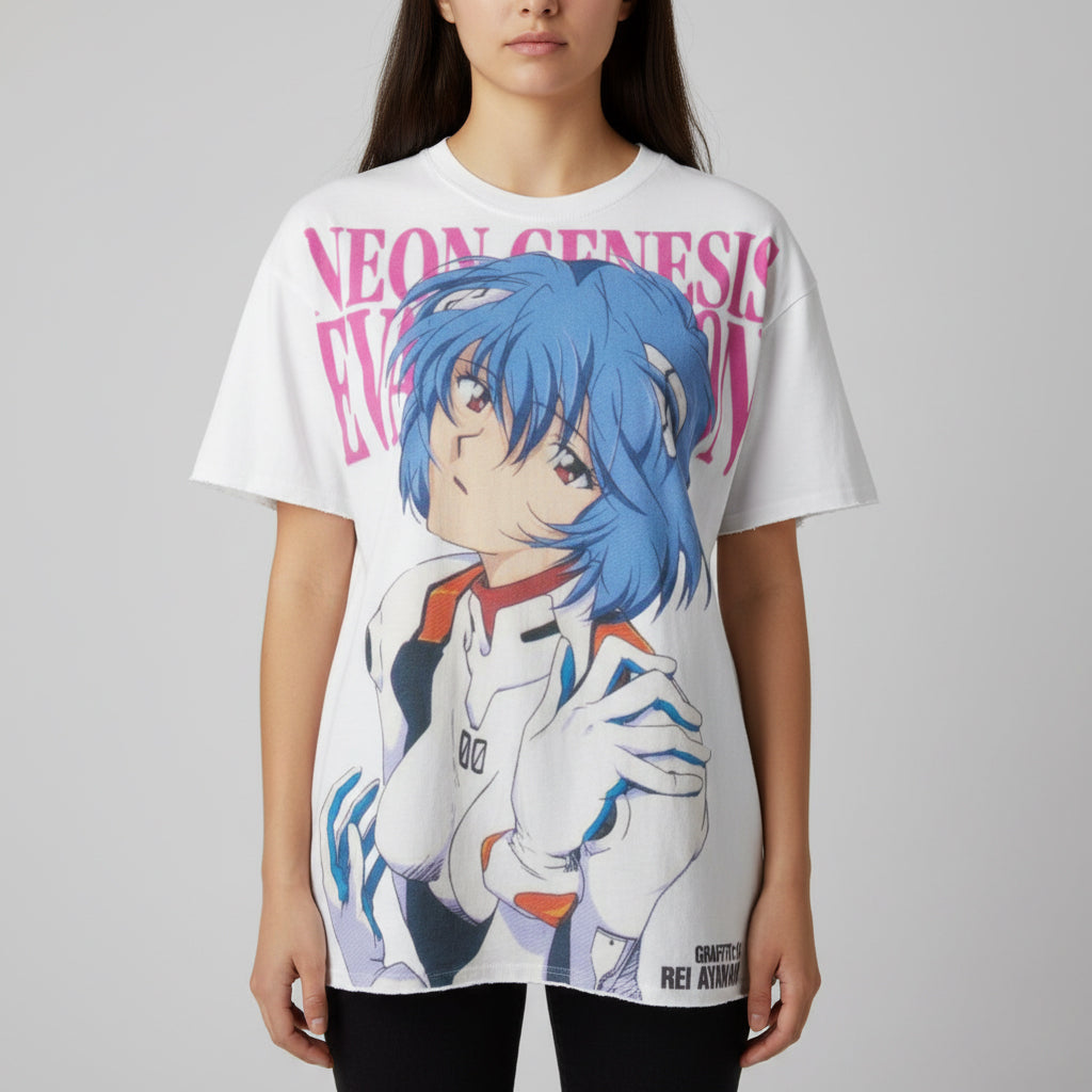 Evangelion Anime Rei Ayanami Washed White Distressed Heavy Cotton T-Shirt 330gsm