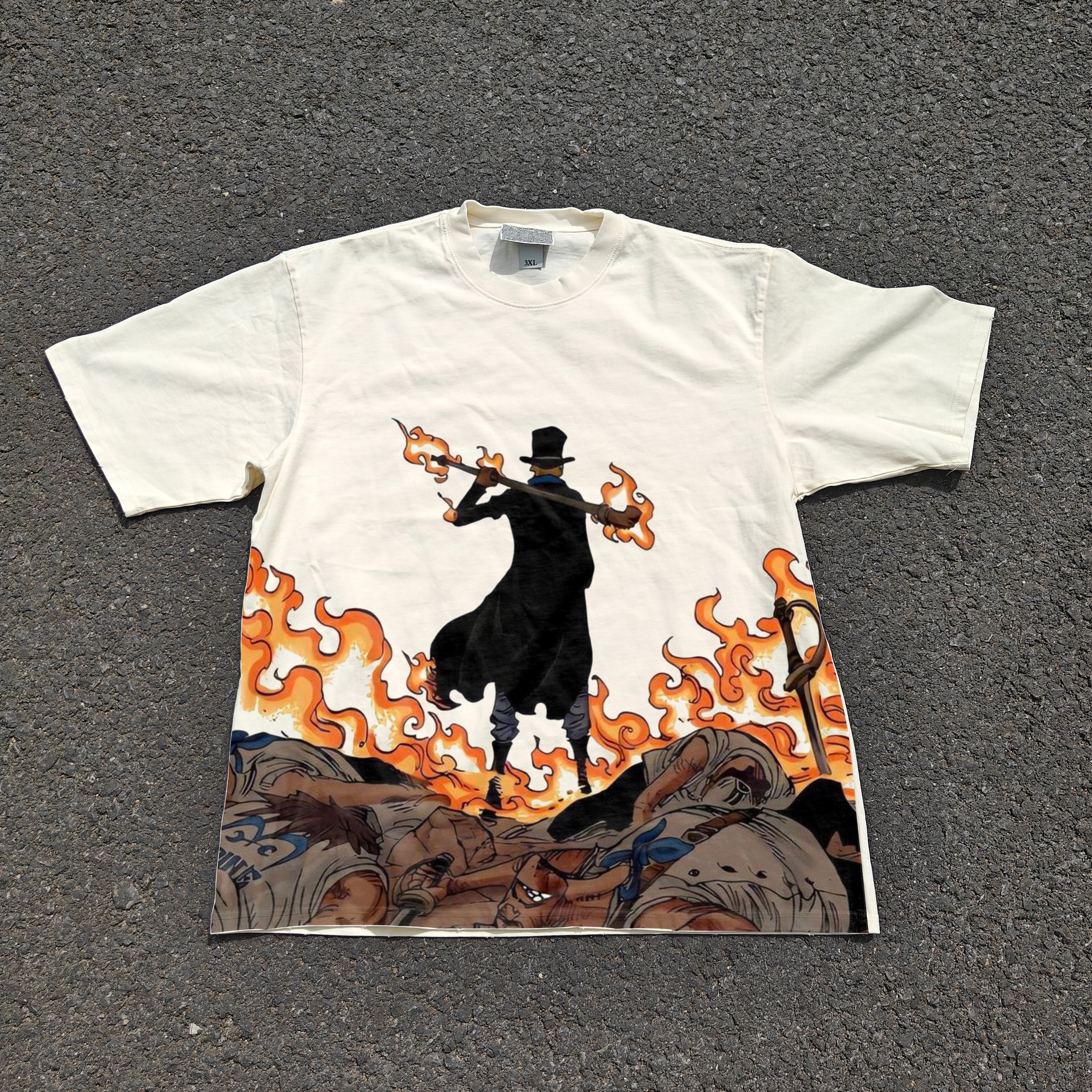 One Piece Anime Sabo Flame Fruit Distressed Vintage Heavyweight Cotton T-Shirt