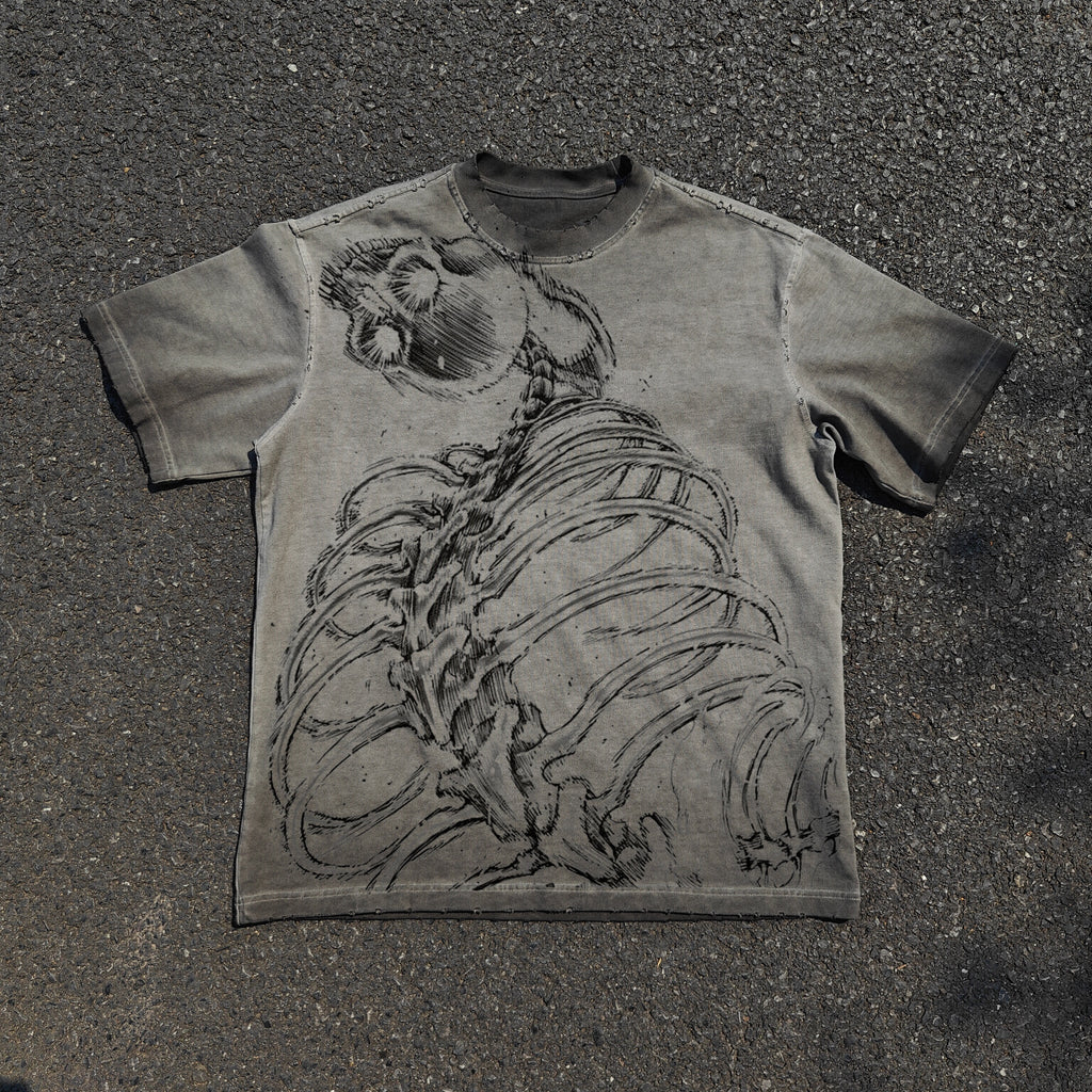 Attack on Titan Skeleton Distressed Heavy Cotton T-Shirt Washed Black 330GSM
