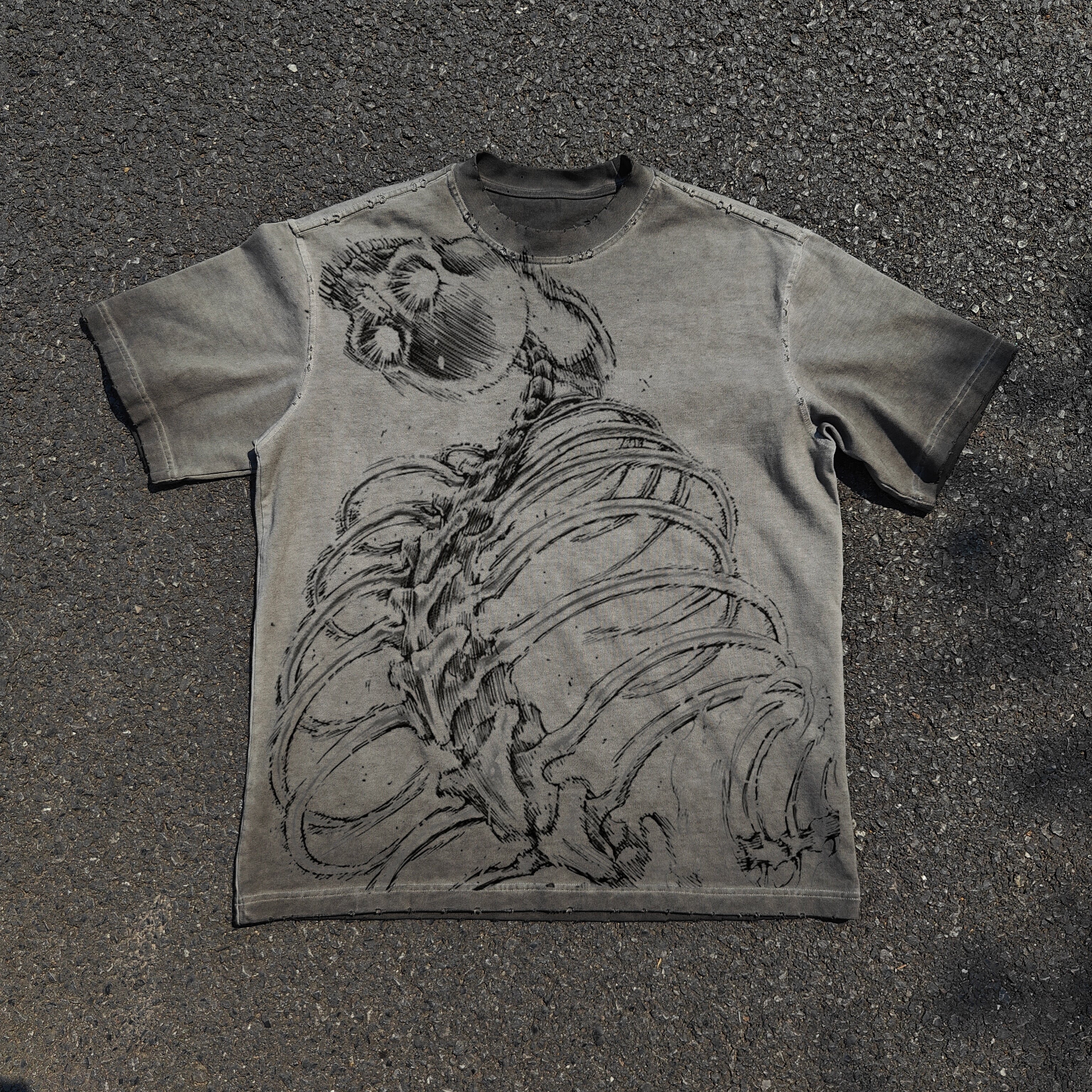Attack on Titan Skeleton Distressed Heavy Cotton T-Shirt Washed Black 330GSM