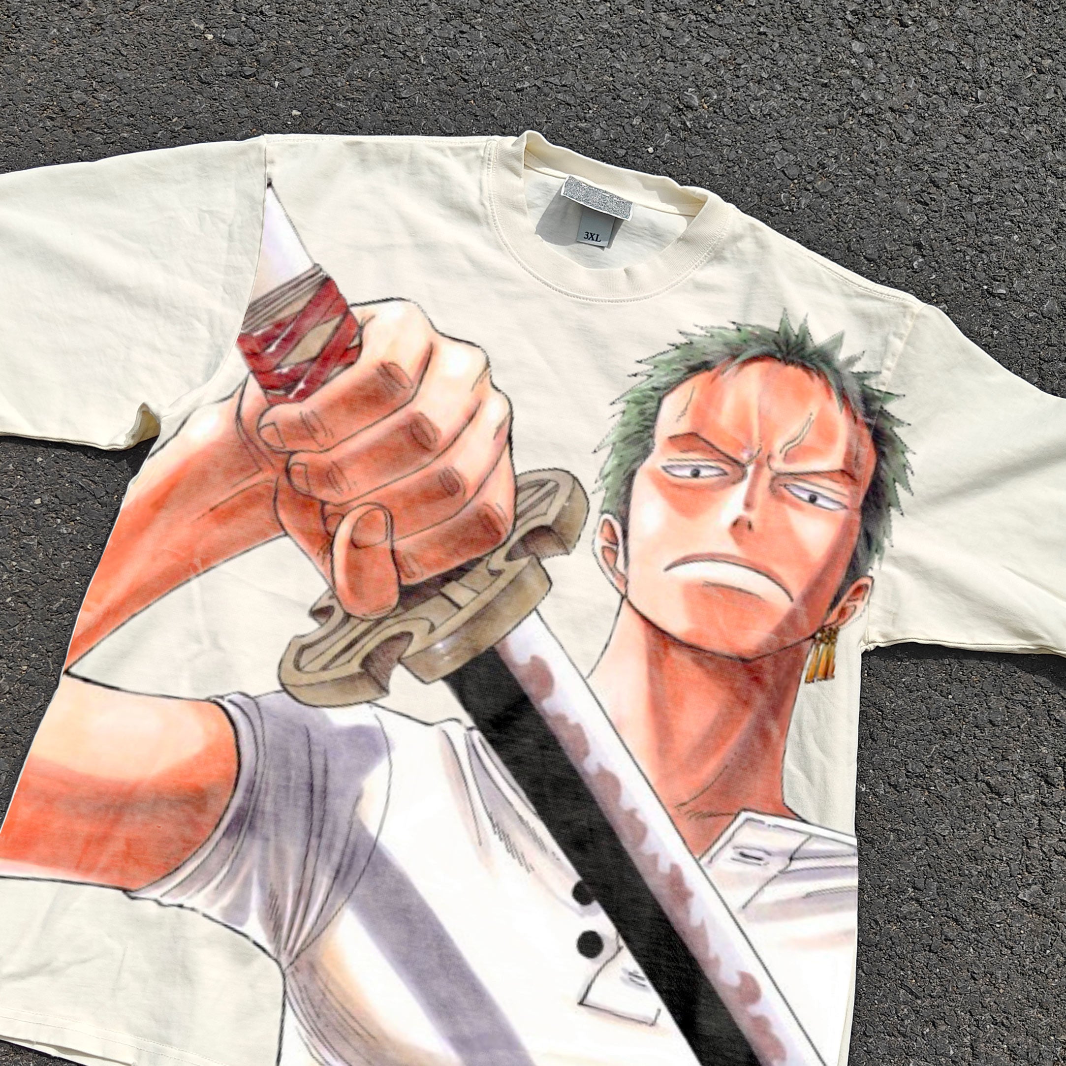 One Piece Roronoa Zoro Retro Big Print Vintage Wash Heavyweight Cotton T-Shirt