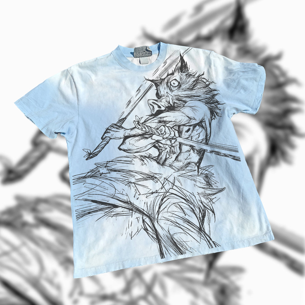 Demon Slayer Anime Inosuke Line Art Vintage Wash Heavyweight Cotton T-Shirt