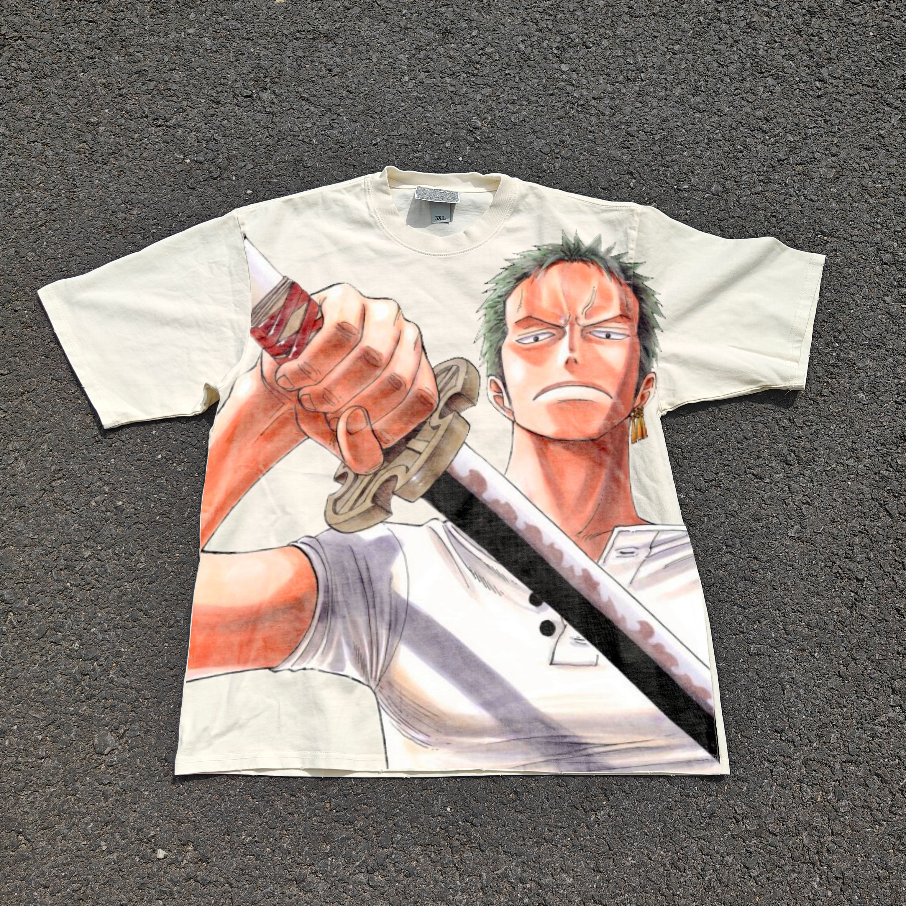 One Piece Roronoa Zoro Retro Big Print Vintage Wash Heavyweight Cotton T-Shirt