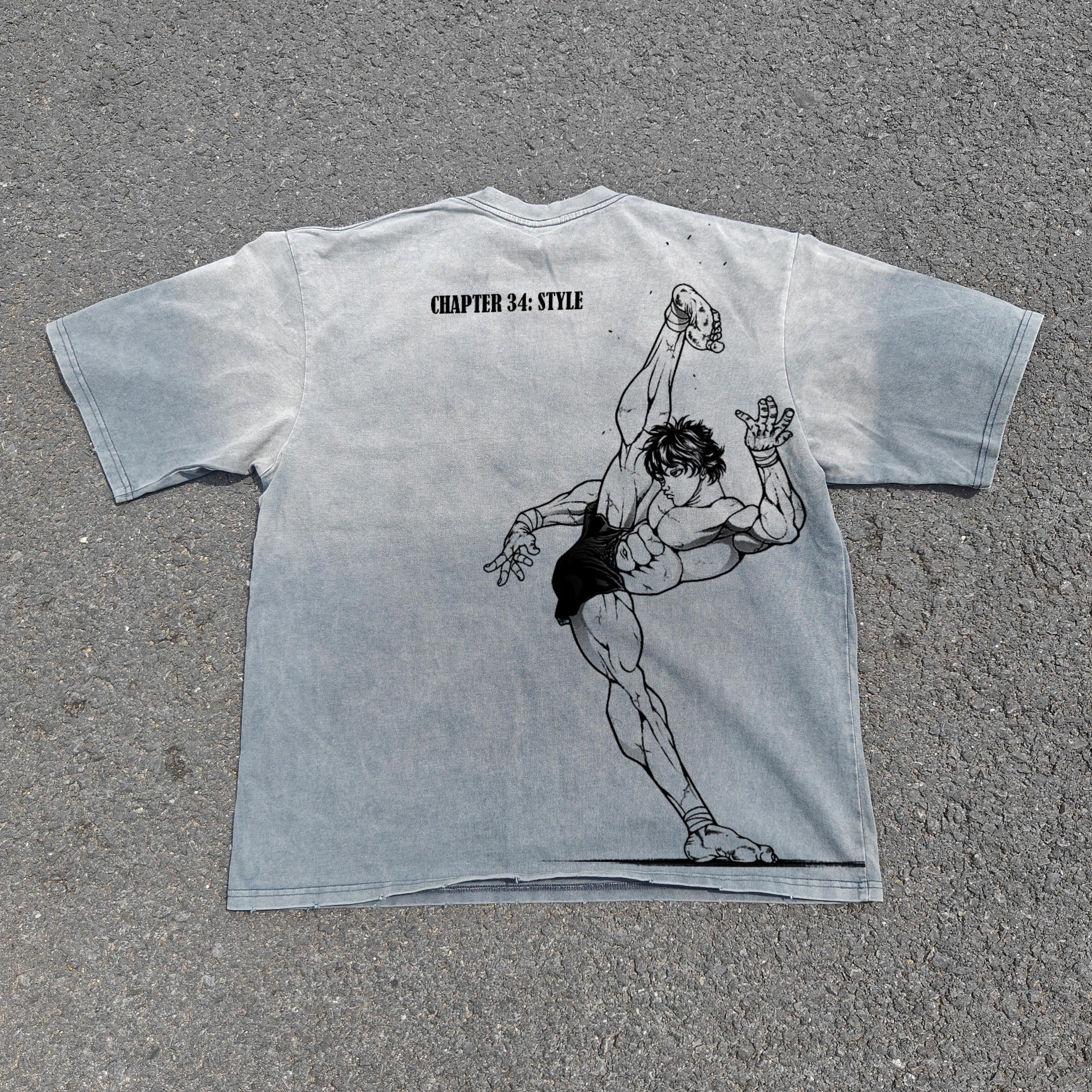Baki the Grappler Anime Double Sided Distressed Gray Heavy Cotton T-Shirt 330gsm