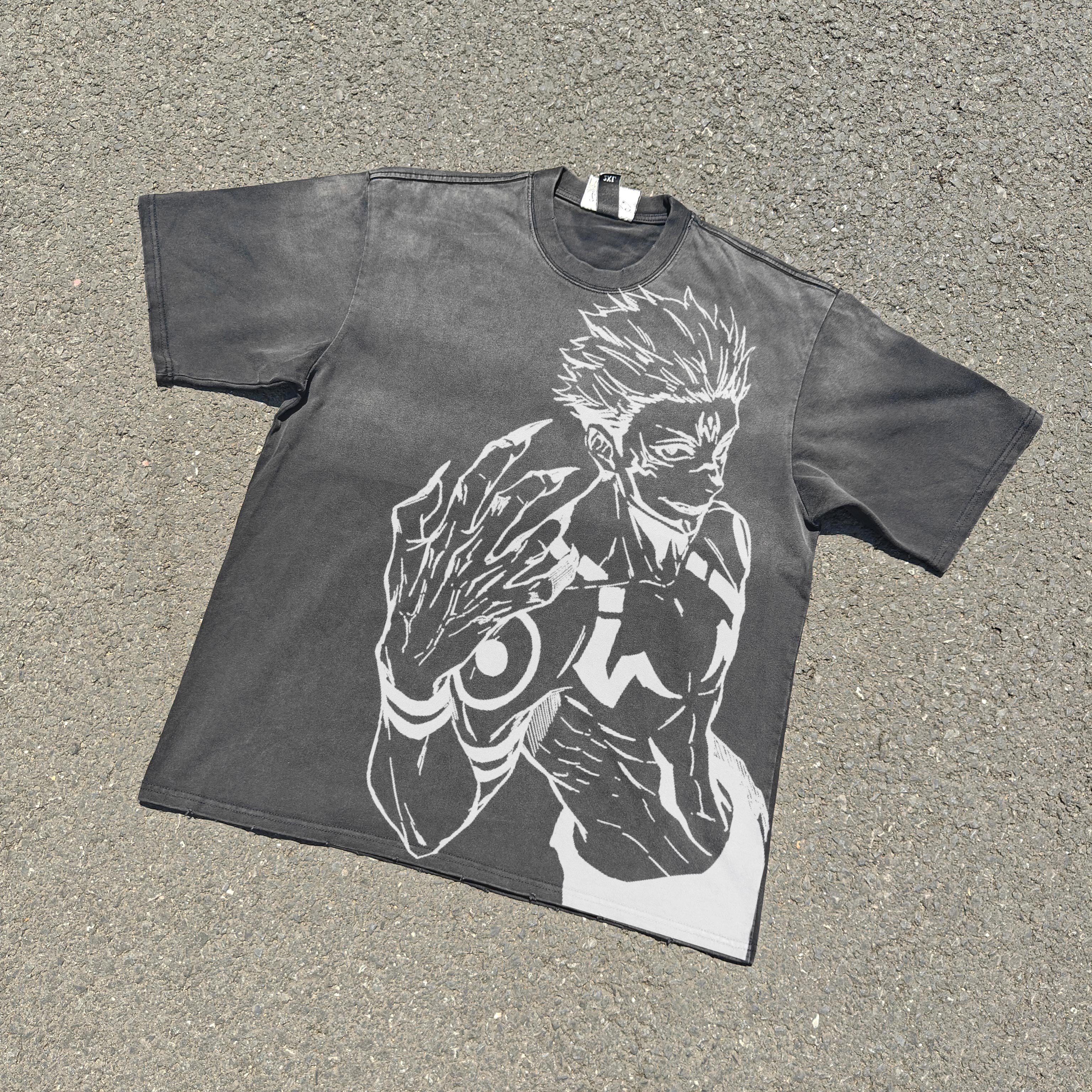 Jujutsu Kaisen Ryomen Sukuna Washed Black Distressed Heavy Cotton T-Shirt 330gsm