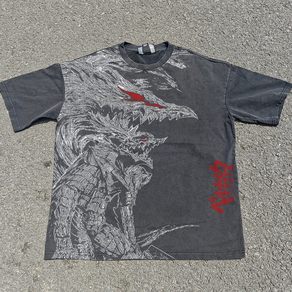 Anime Berserk Armor Guts Double Sided Vintage Wash Heavyweight Cotton T-Shirt
