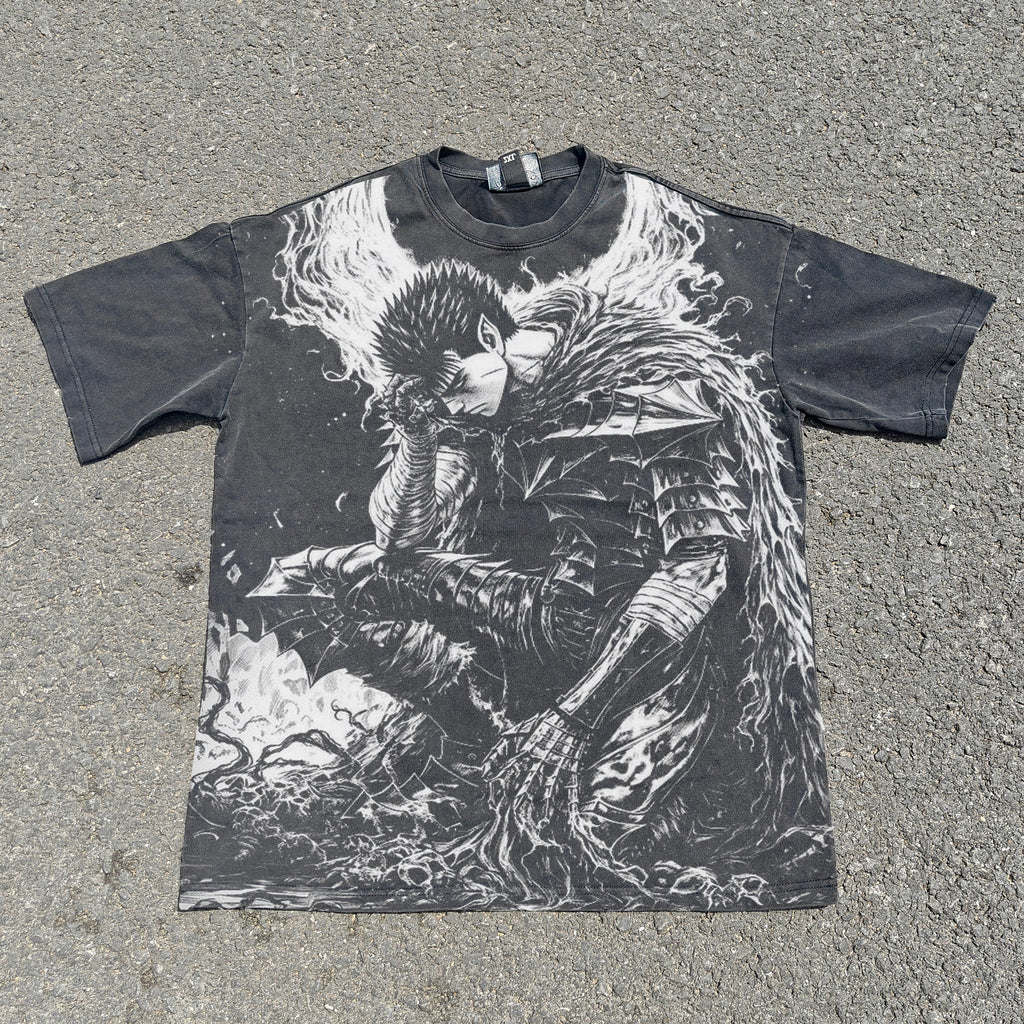 Berserk Guts Double Sided Distressed Vintage Wash Heavyweight Cotton T-Shirt