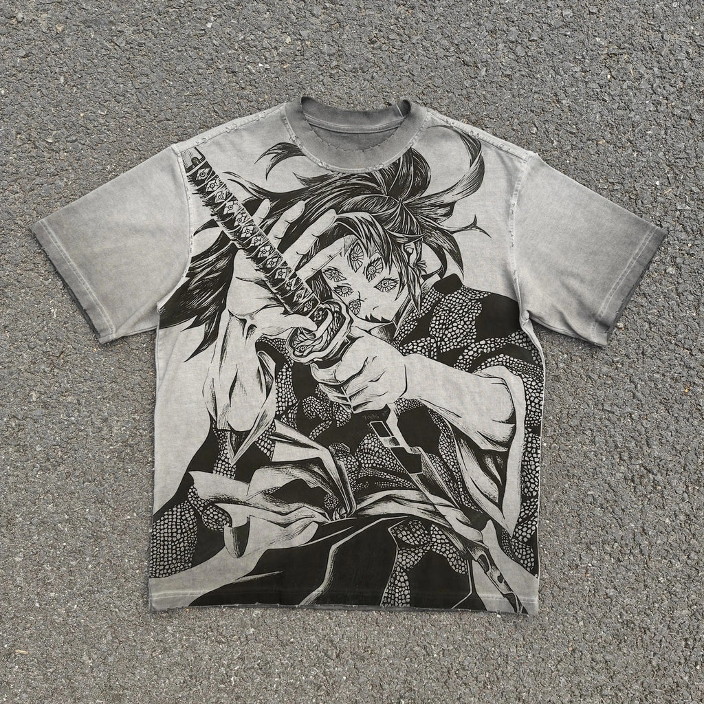 Kokushibo Distressed & Washed 260gsm Gray Cotton T-Shirt