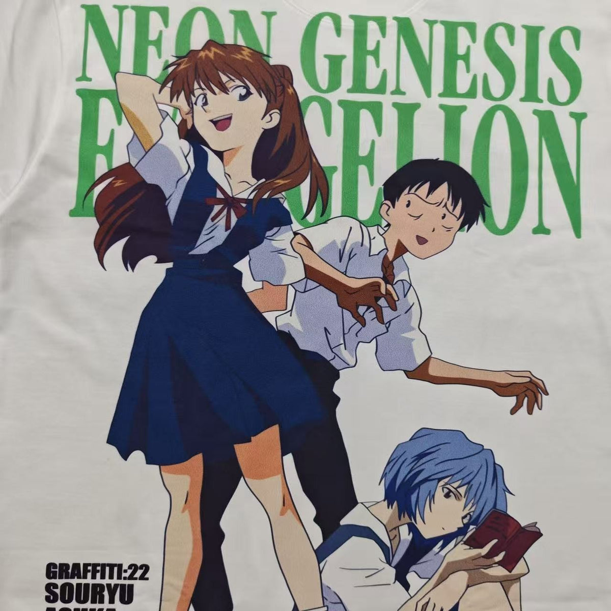 Real photo of the Asuka, Shinji & Rei School Graffiti Oversized T-Shirt, close-up
