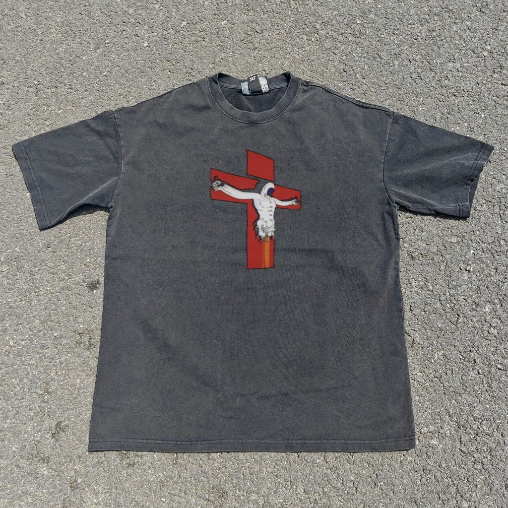 Crucifix & Kanji Wall Double Sided Oversized Washed T-Shirt, front