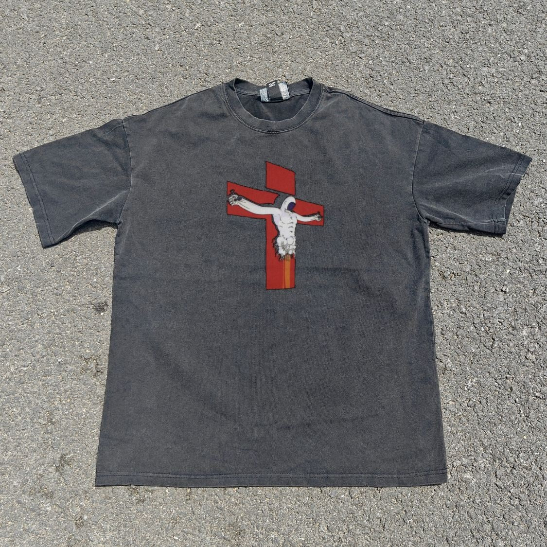 Crucifix & Kanji Wall Double Sided Oversized Washed T-Shirt, front