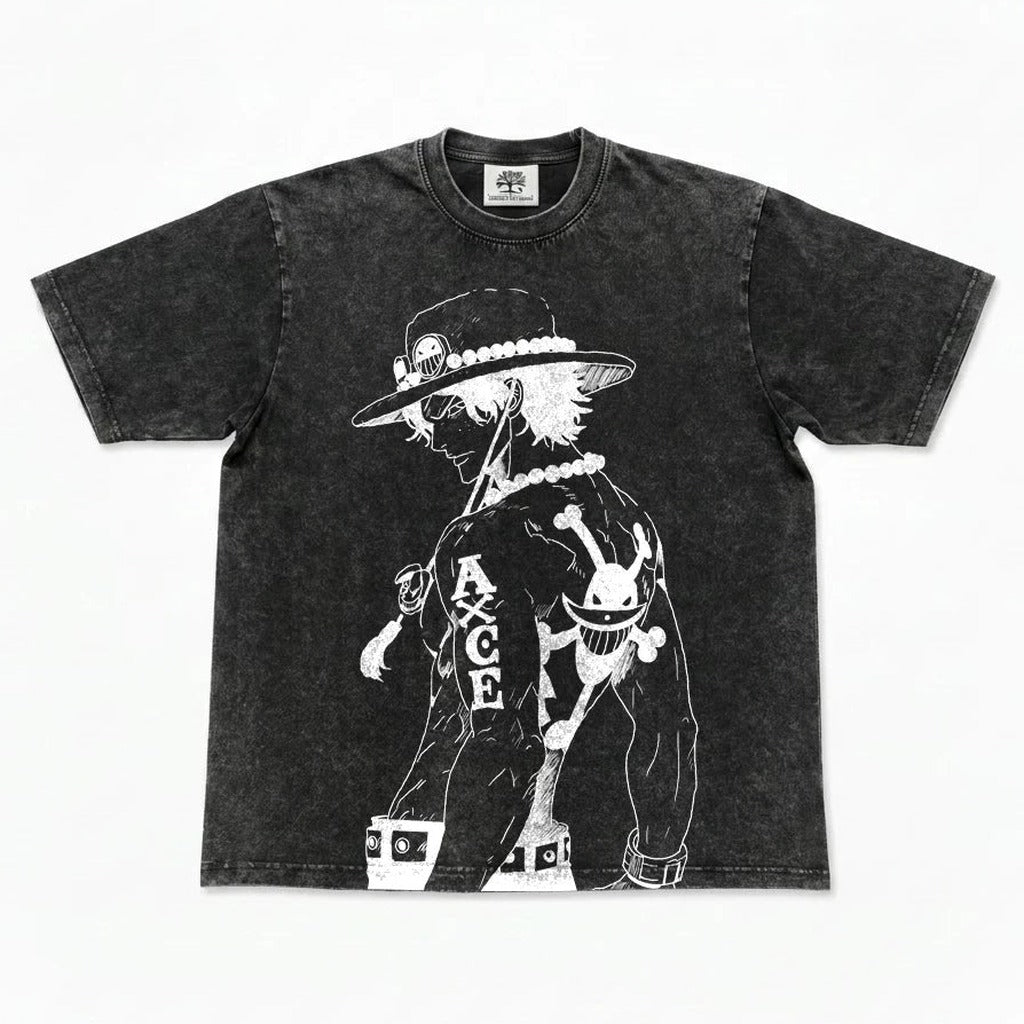 Fire Fist Ace Line Art Oversized Washed T-Shirt