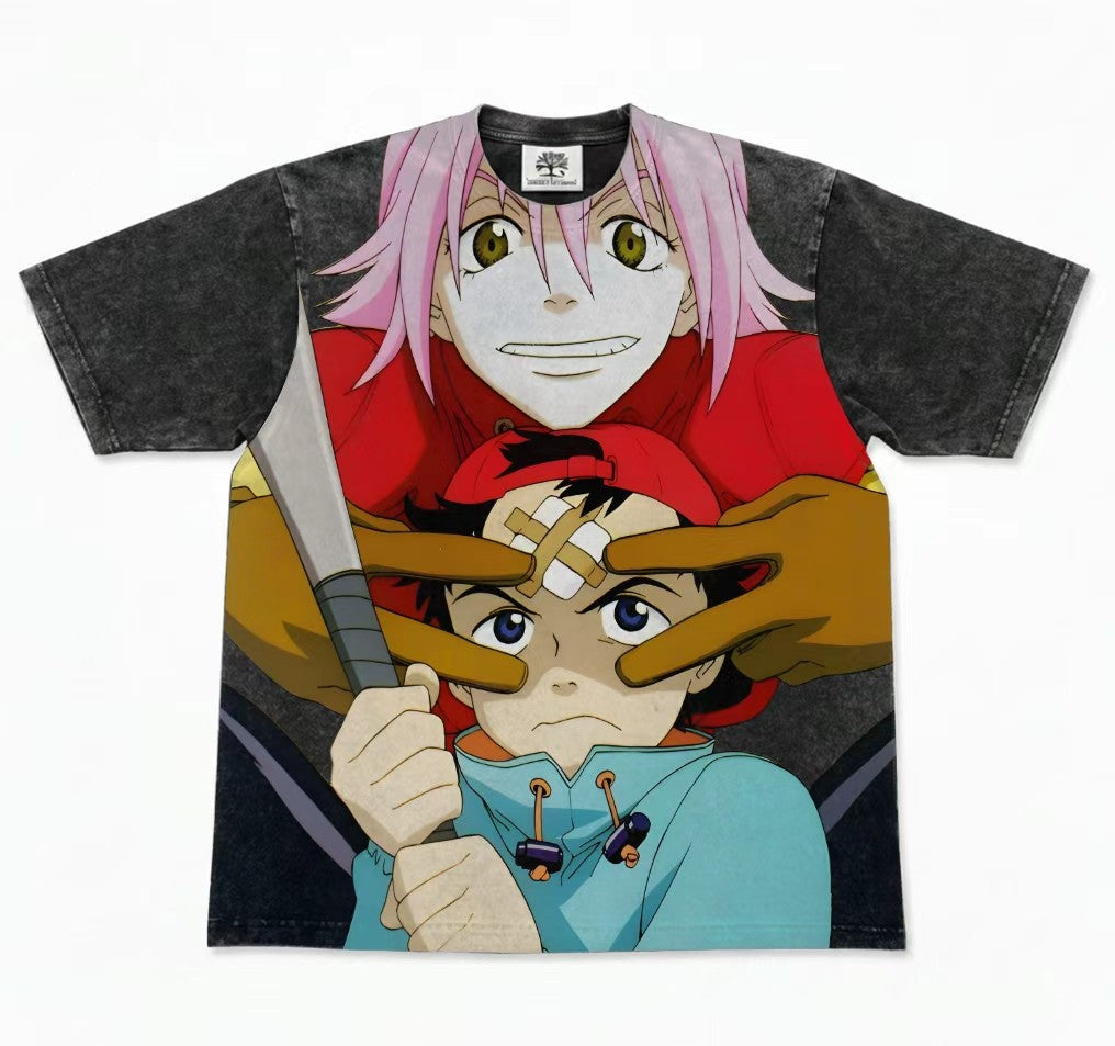 Haruko & Naota Peace Sign Oversized Washed T-Shirt, 300gsm Heavy