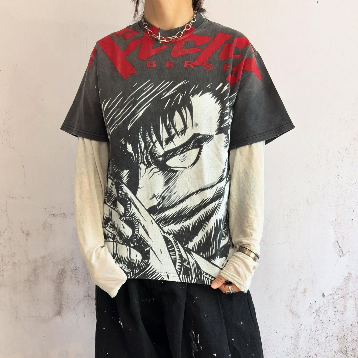 Model wearing the Armored Guts oversized washed tee