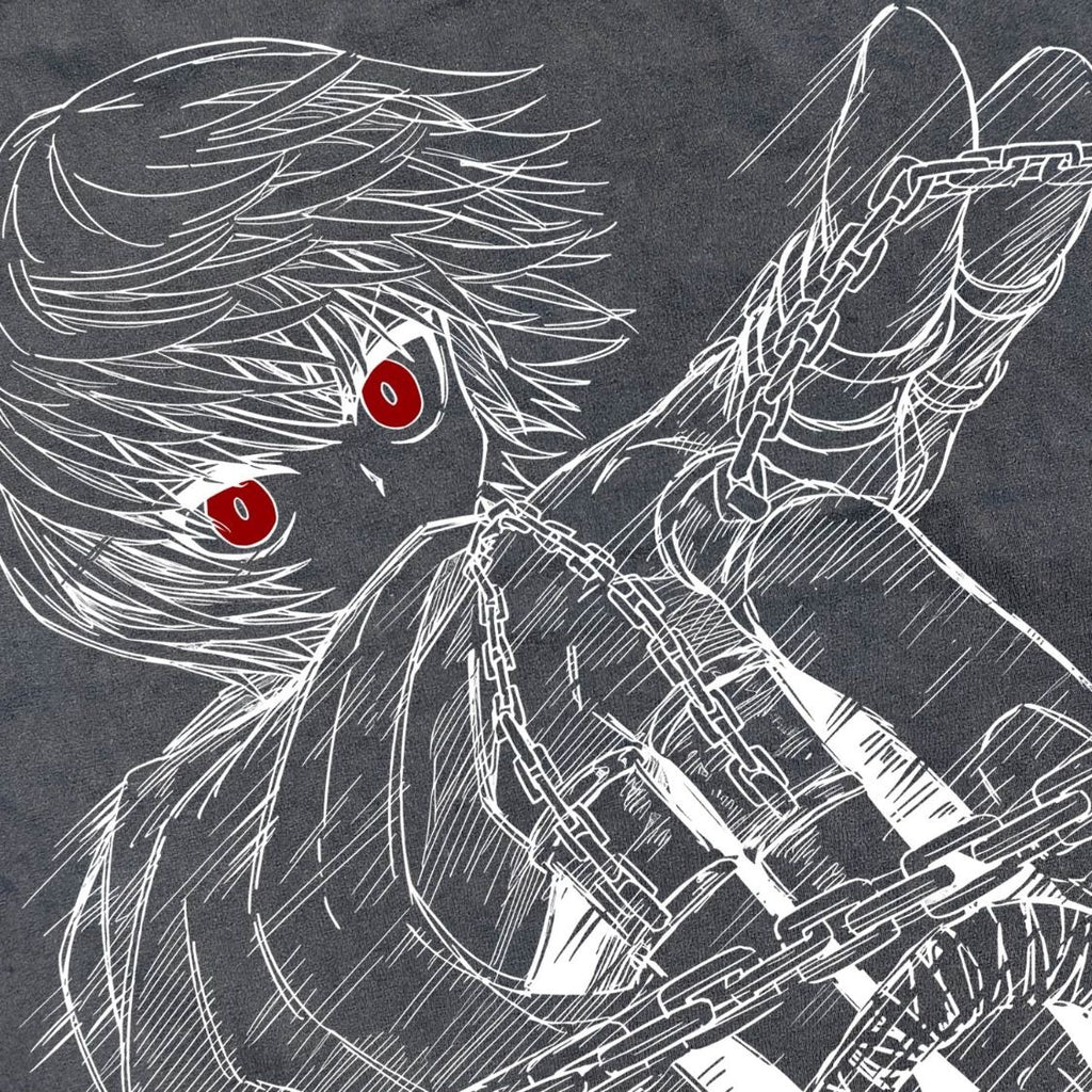 Kurapika Scarlet Eyes Chains Oversized Washed T-Shirt, print close-up