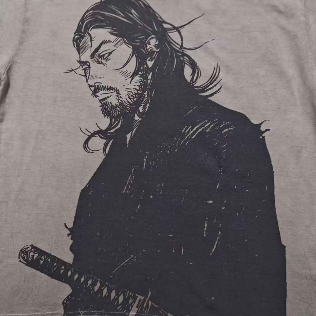 Real photo of the Wandering Musashi Oversized Washed T-Shirt, print close-up