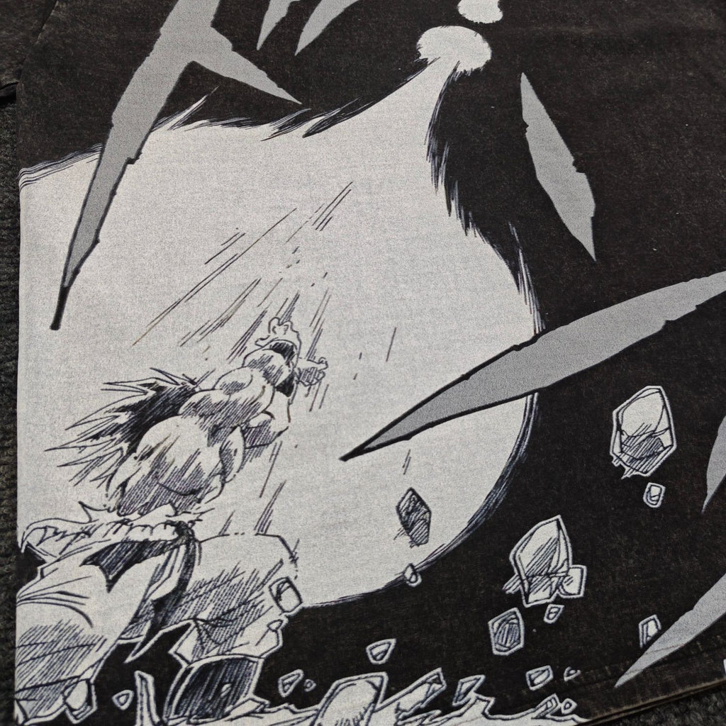 Real photo of the Kamehameha Washed Oversized T-Shirt, print close-up