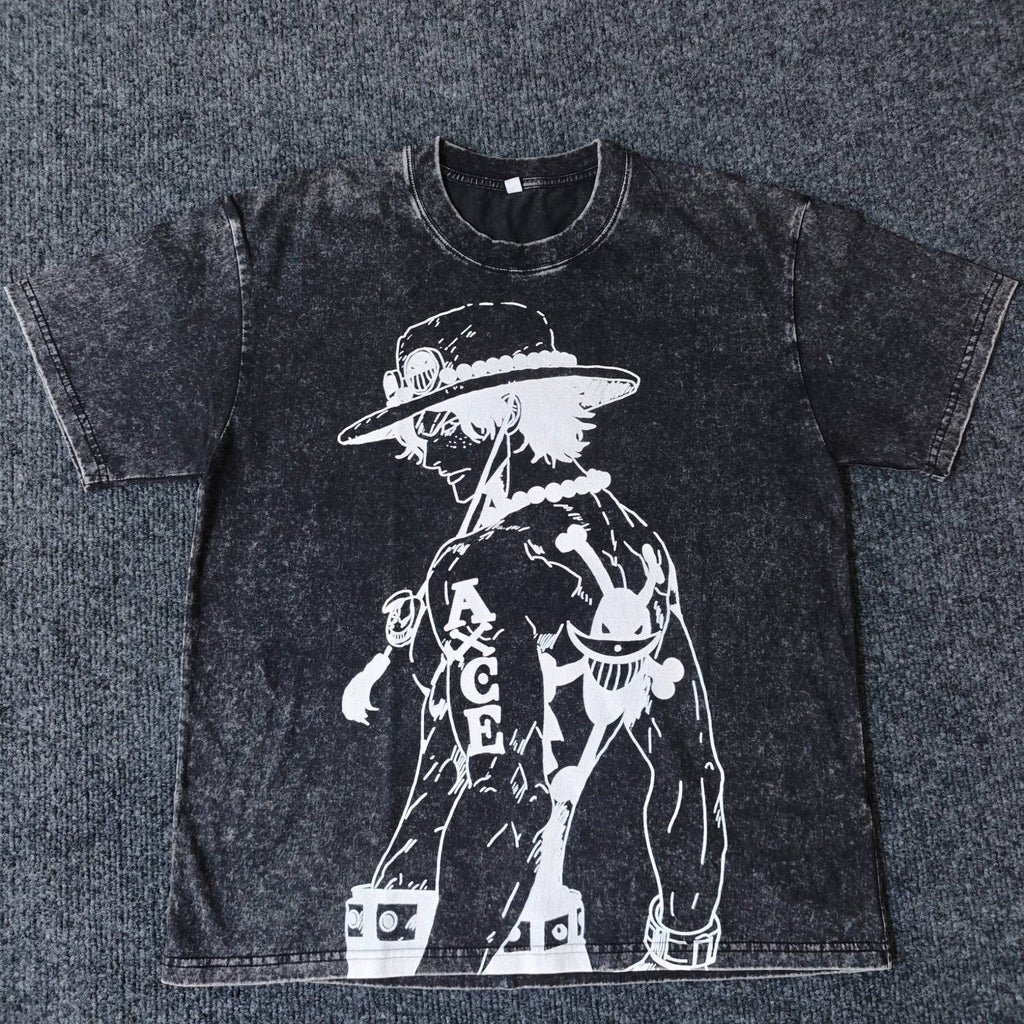 Real photo of the Fire Fist Ace Line Art Oversized Washed T-Shirt
