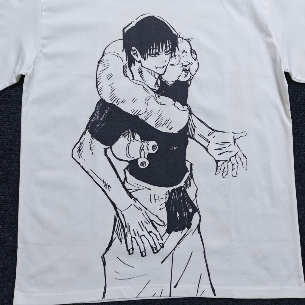 Real photo of the Toji Minimal White T-Shirt, print close-up