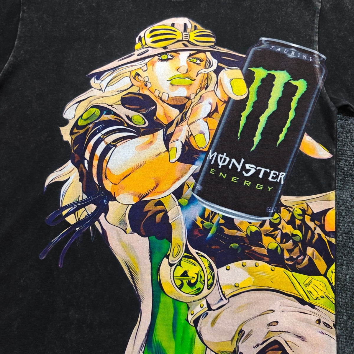 Real photo of the Zeppeli & Energy Drink Washed Oversized T-Shirt, print close-up