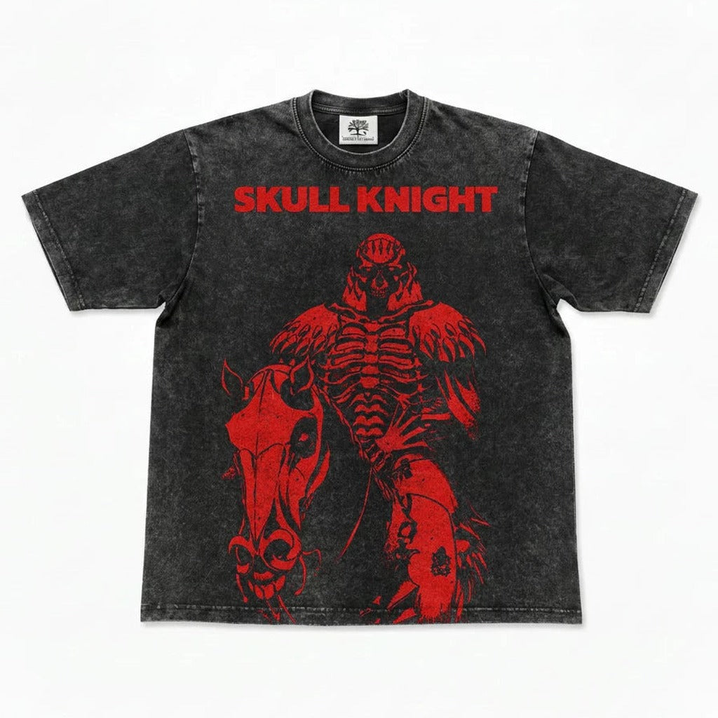 Red Graphic Skull Knight Oversized Washed T-Shirt