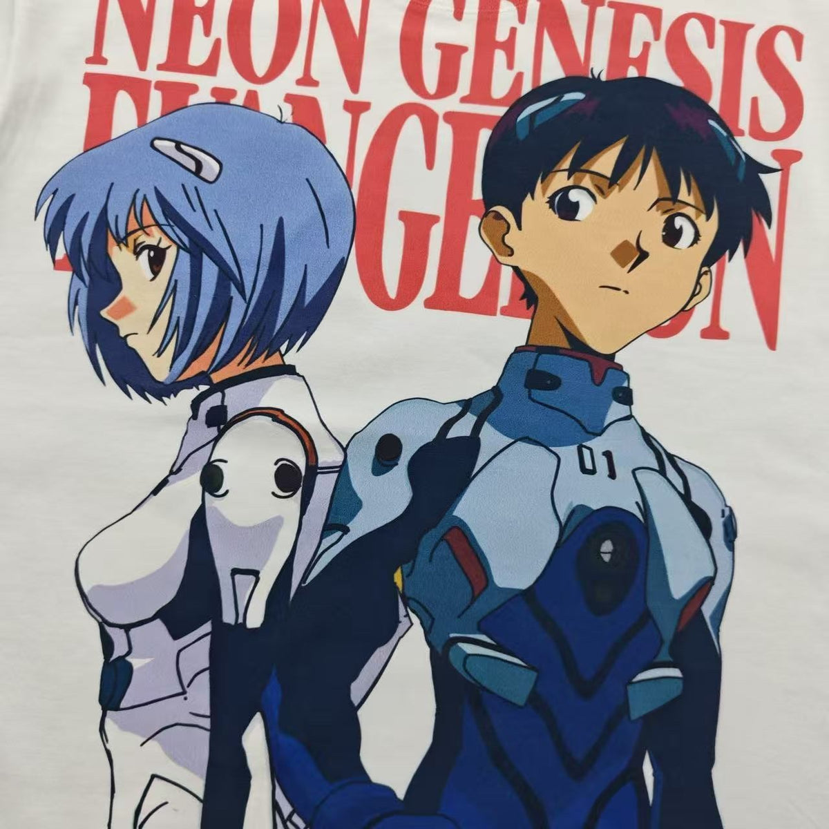 Real photo of the Rei & Shinji Graffiti Oversized T-Shirt, close-up