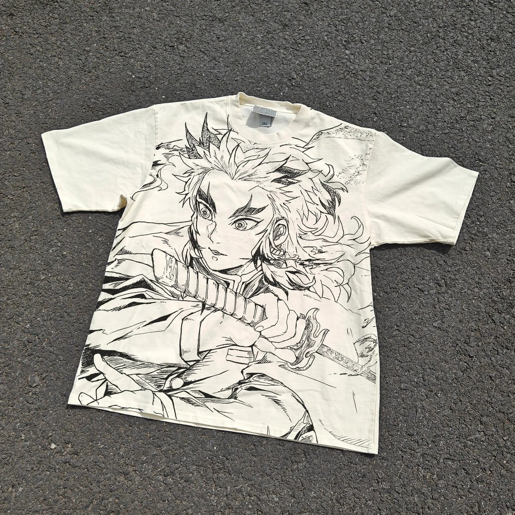 Rengoku Flame Ink Sketch Oversized T-Shirt